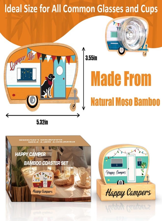 Haigoo Camper Coasters Set of 4, Happy Camper Bamboo Drink Coasters with Holder, Camping Gifts for Camper Lovers Women Men, Suitable for Kinds of Cups, Coffee Table, Camper Decor - Image 5